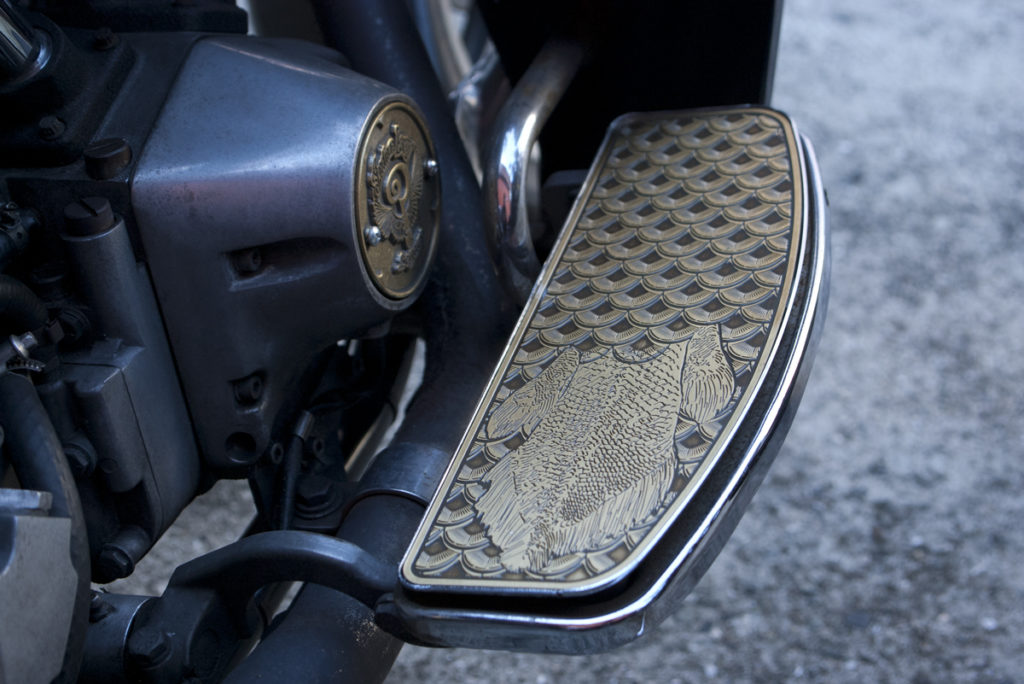 Fish Scale Brass Floorboard Insert on Harley-Davidson FXRD