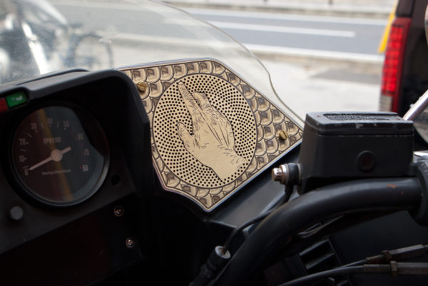 Harley-Davidson FXRD with aluminum speaker cover with brass plate